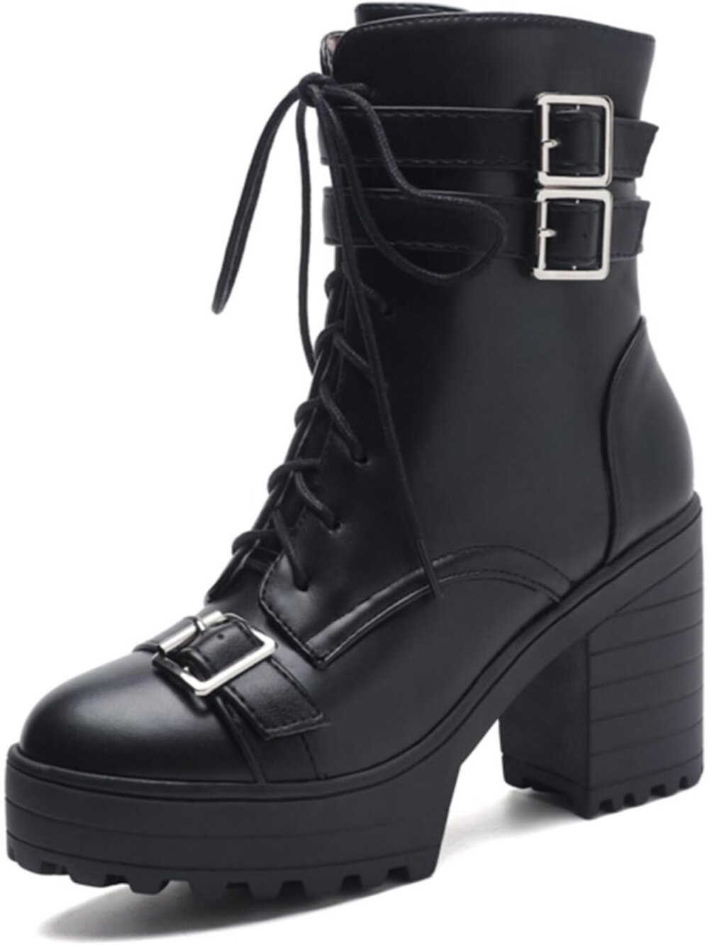 Women's Buckle Black Buckles Rivet Goth Block Heel Round Toe Zipper Ankle Boots